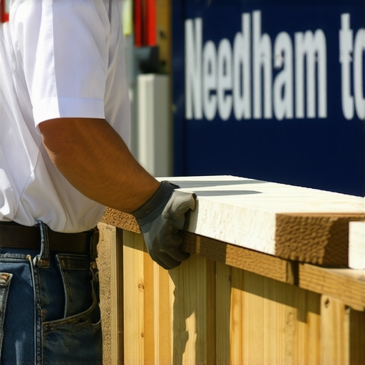 A seasoned deck builder examining wood and fasteners with Needham town landmarks in the backdrop