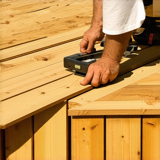 A professional deck builder using a laser measuring device on wooden planks to ensure accurate deck construction.
