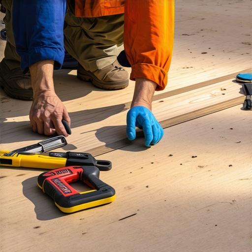 A deck builder examining wooden deck boards with a flashlight and tools