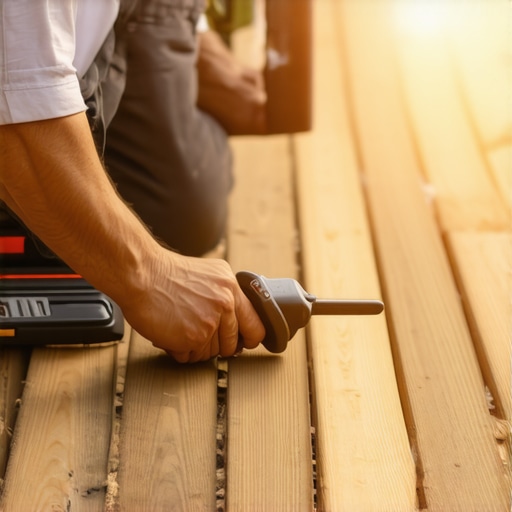 Deck builder examining a wooden deck with tools in Needham MA.