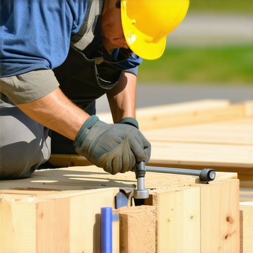 Expert inspecting deck foundation Professional contractor inspecting deck foundation with tools