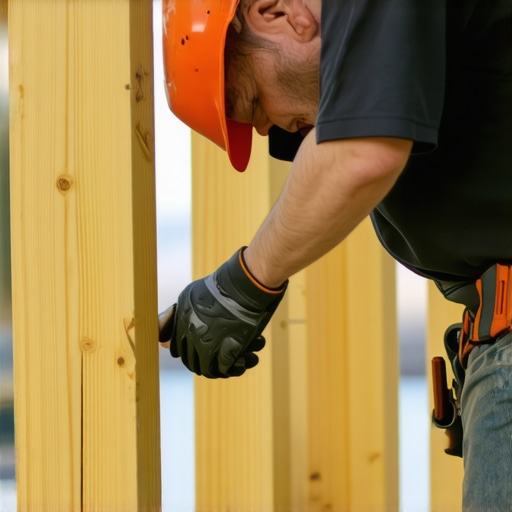 Deck builder examining wooden beams for proper construction in Needham