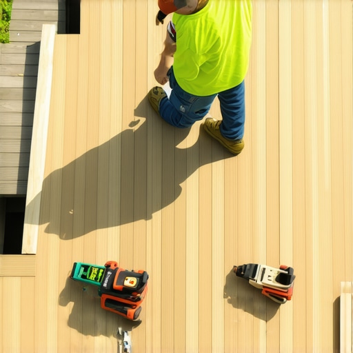 Contractor using laser level to ensure deck is properly leveled in Needham