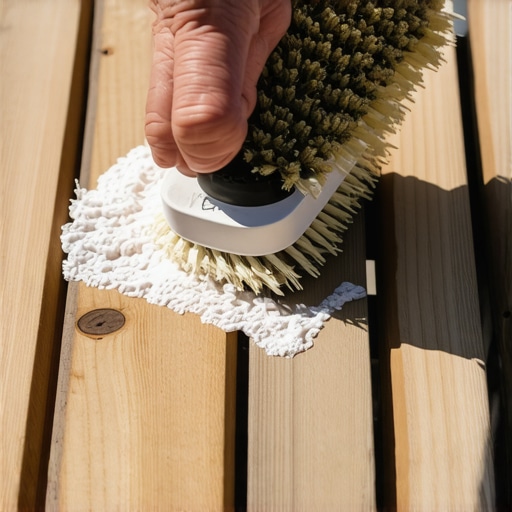 Person softly scrubbing Ipe wooden deck with a brushes