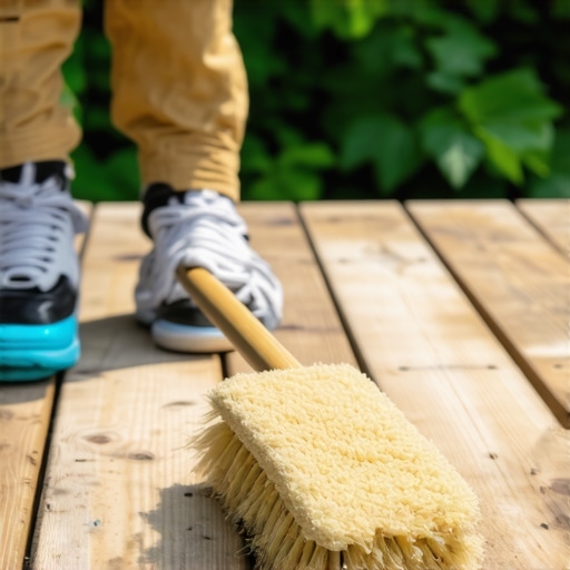 Person cleaning wooden deck gently with brush and natural cleaners near plants.