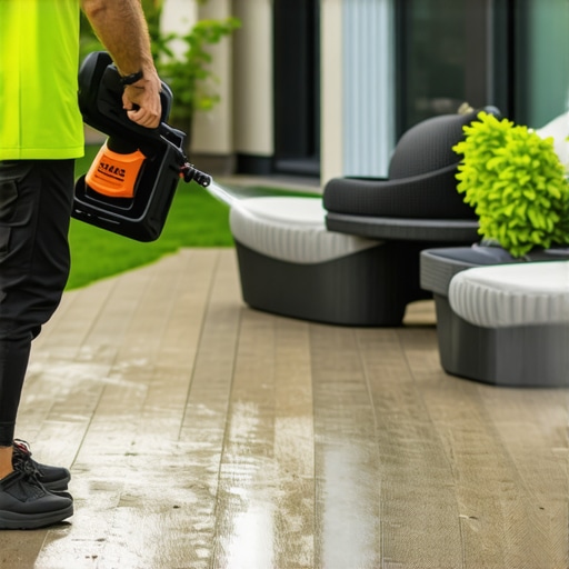 Person cleaning a Needham deck with a cordless pressure washer