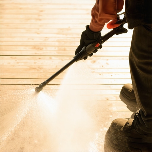 Person cleaning a wooden deck with a power washer to maintain its appearance and prevent damage.