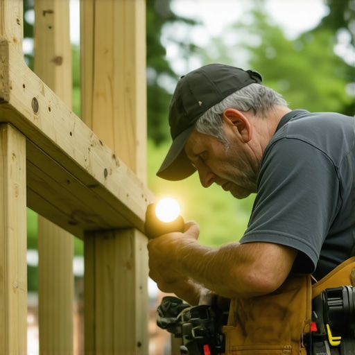 Person inspecting wooden support beams of a deck with a flashlight