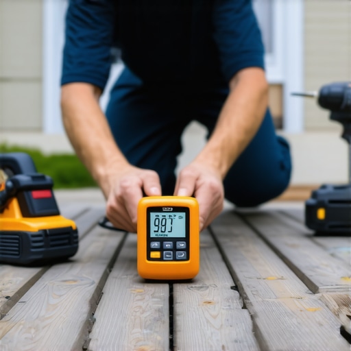 Person measuring wooden deck moisture levels using a digital device, surrounded by maintenance tools.