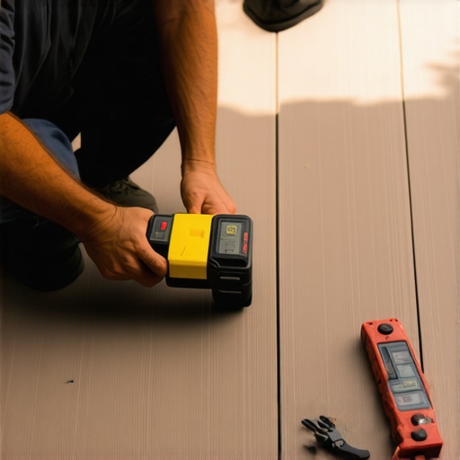 Person measuring and checking moisture levels on a Needham deck with precision tools.