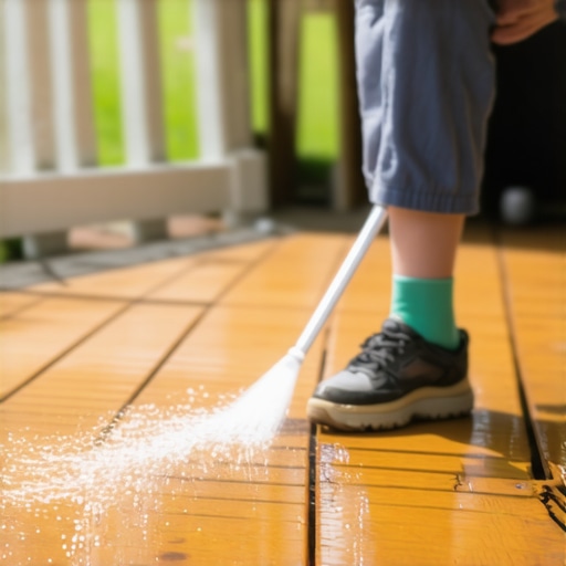 Person cleaning wooden deck with pressure washer in a Needham backyard
