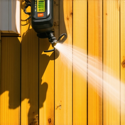 Person using moisture meter and power washer on pine deck in Needham.