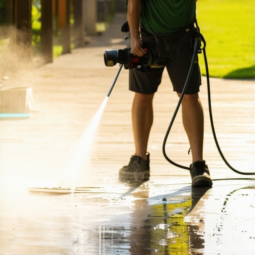 Person cleaning a wooden deck with a power washer to maintain its appearance and durability