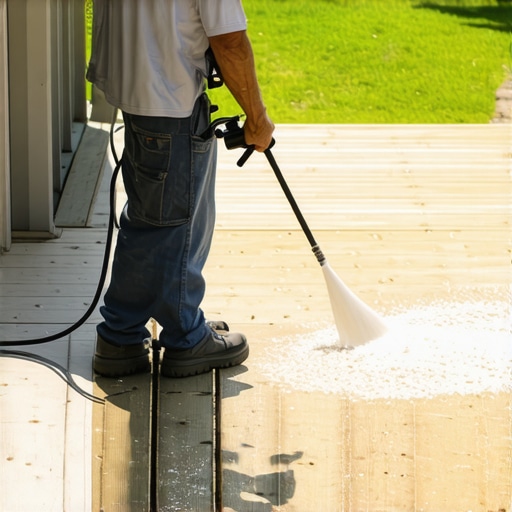 Person cleaning a wooden deck with a power washer under sunlight
