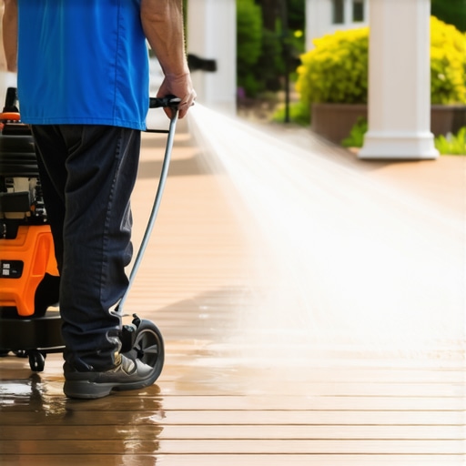 Person cleaning a wooden deck with a power washer in Needham