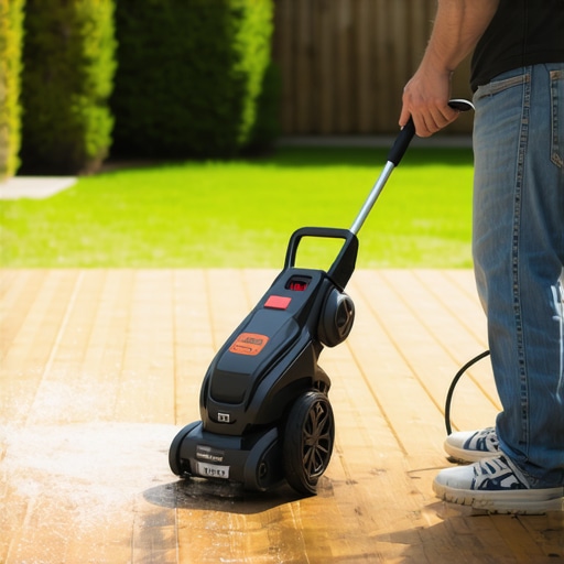 Homeowner Power Washing a Deck in Needham Person cleaning a wooden deck with a power washer to maintain its appearance