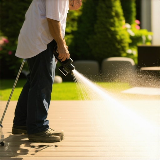 Person using pressure washer to clean wooden deck outdoors