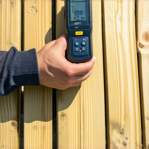 Homeowner Testing Deck Moisture Levels Person measuring moisture content of wood with a digital moisture meter on a Needham deck