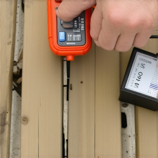 A person checking the moisture level of a wooden deck with a digital moisture meter in Needham