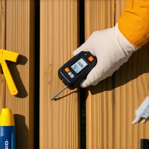 Person measuring moisture in wooden deck using a digital device during maintenance