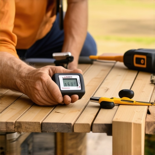 Homeowner inspecting deck moisture levels with professional tools A person checks moisture content on a cedar deck using a digital meter, surrounded by power tools