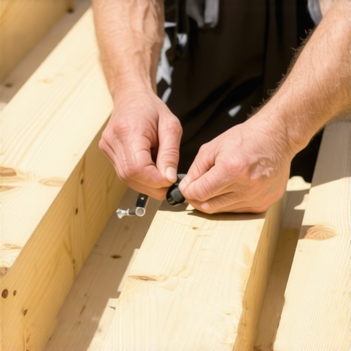 A person examining the support beams of a deck with tools in hand, highlighting the importance of structural checks