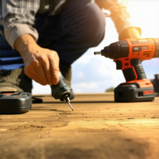 Homeowner inspecting deck with tools Homeowner testing deck for moisture and tightening screws with impact driver