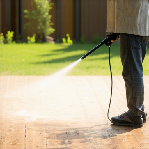 Person cleaning and inspecting a wooden deck with pressure washer and tools