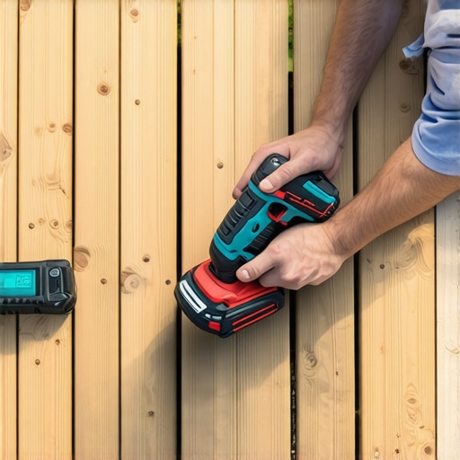Person inspecting and maintaining their deck with impact driver and moisture meter.