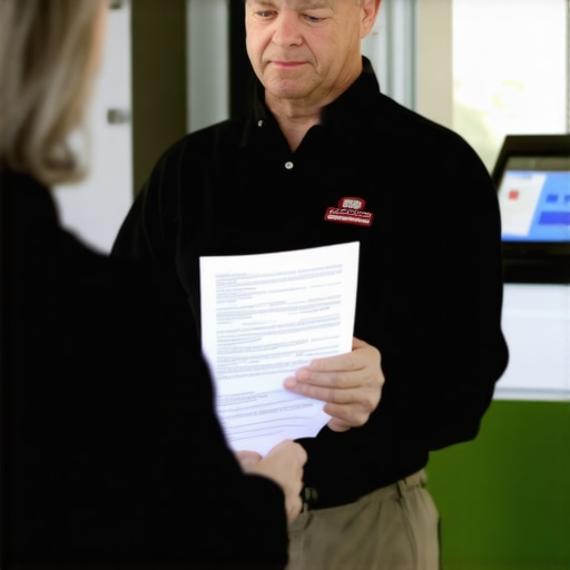 A homeowner discussing permit paperwork with a city official at a desk.