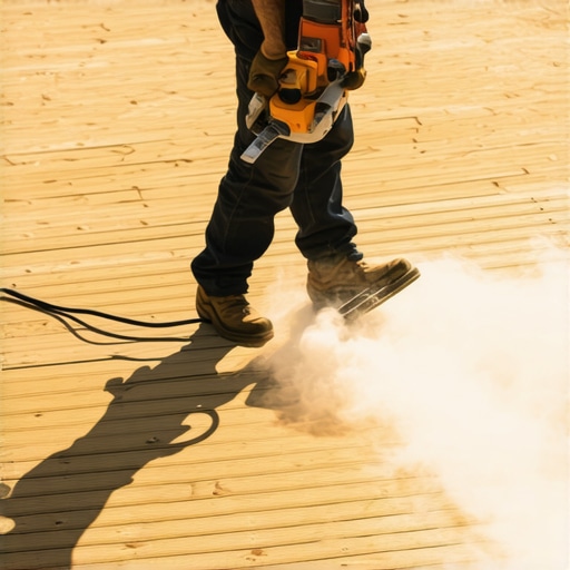 Homeowner sanding cedar deck for maintenance A person sanding a cedar deck with a professional electric sander in sunlight