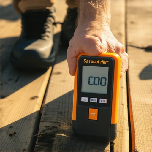 Person measuring moisture content on a Needham deck with a digital device