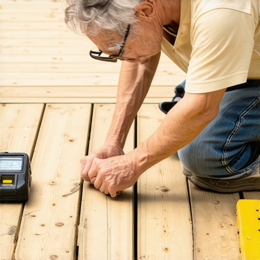 A person measuring moisture and leveling a deck with professional tools