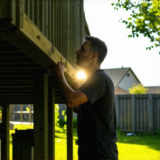 Homeowner examining the underside of their deck for moisture and mold signs.
