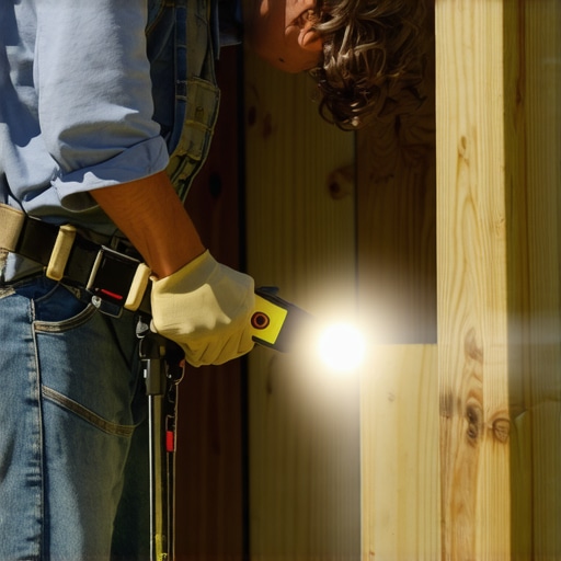 Person checking the vertical alignment of a wooden deck post outdoors