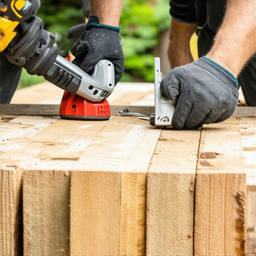 Close-up of a person using a saw and drill to secure a new wooden joist during deck repair.