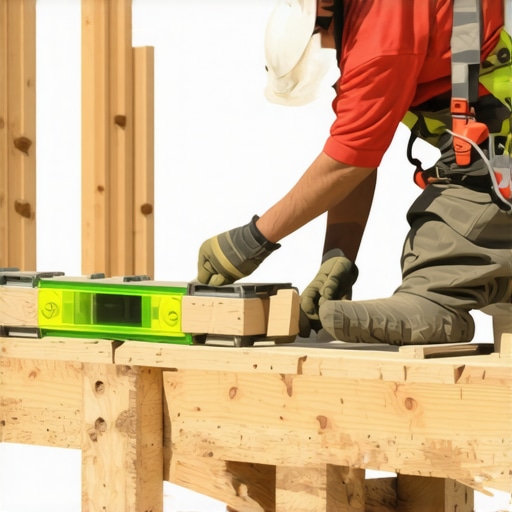 A construction worker adjusting supports with a bubble level for proper deck framing