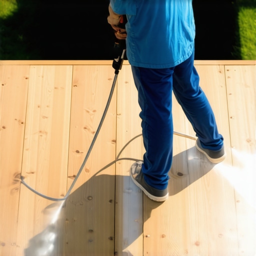 Homeowner cleaning deck with power washer in Needham