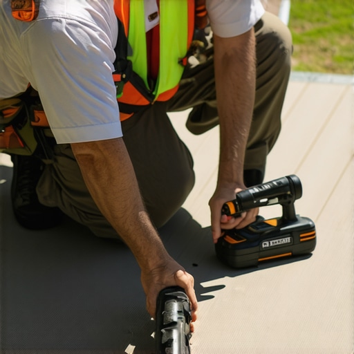 Homeowner using tools to inspect and maintain a modern deck.