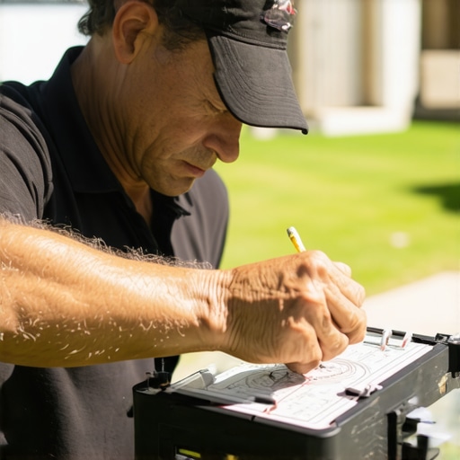 Homeowner using a compass and string outdoors during the day to assess sunlight for deck planning.