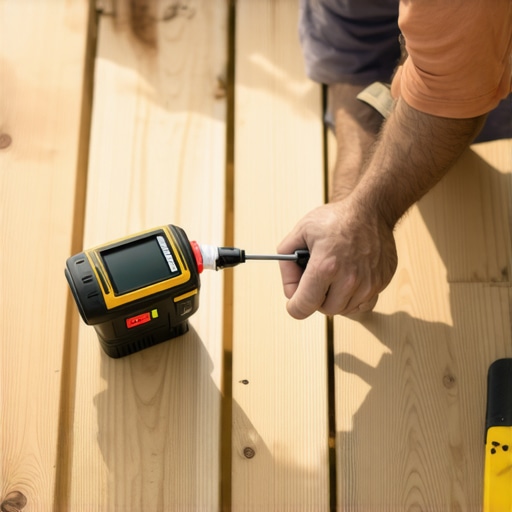 A homeowner measuring moisture levels on a deck and tightening screws with an impact driver.