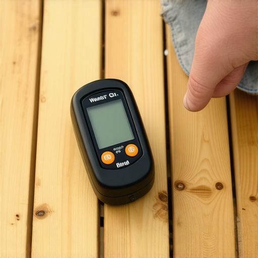 Person testing wood moisture levels on a deck with a digital moisture meter