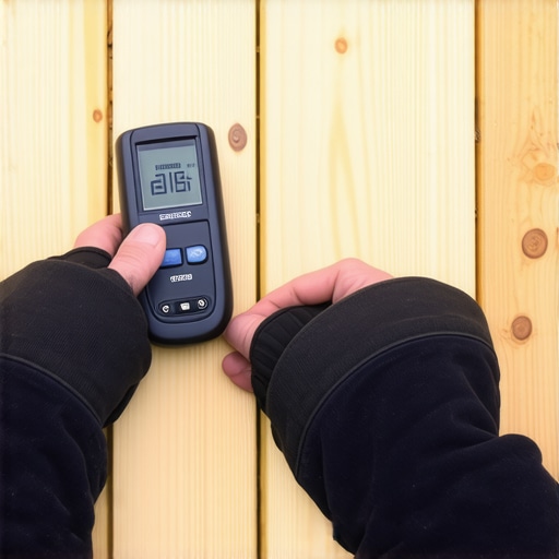 Homeowner checking moisture levels on wooden deck with a moisture meter