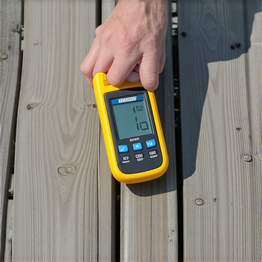 Person checking moisture levels on wooden deck with a digital meter