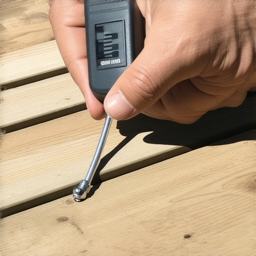 Professional testing wood moisture levels on a Needham deck with a digital moisture meter