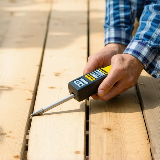 Person using a digital moisture meter on a wooden deck in Needham to ensure proper maintenance.