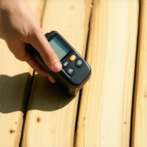 Hand holding a digital moisture meter testing a wooden deck surface.