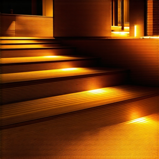 Modern outdoor deck with lighting and safety features illuminated at night