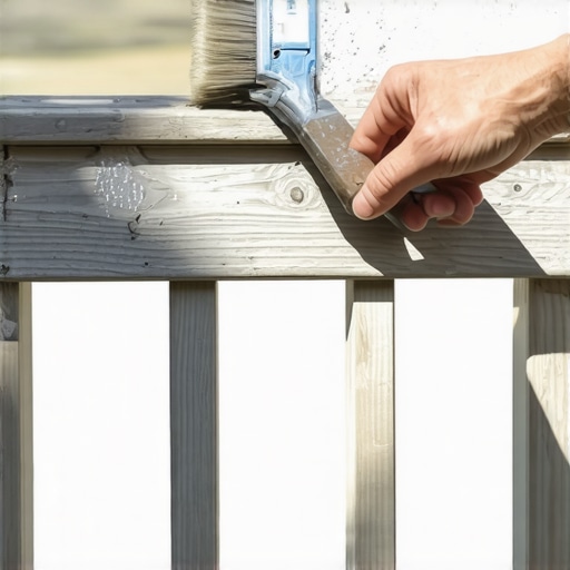 Close-up of a person painting a deck railing with a brush in outdoor setting