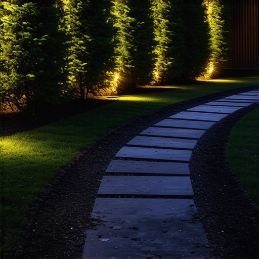 Decorative garden pathway with stepping stones and landscape lights